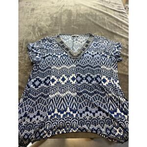 Cato Pull-over‎ Tunic Blouse Plus 22/24W Blue & White Beaded V-neck short sleeve